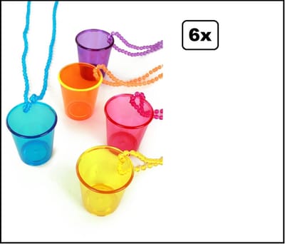 6x Shotje glaasje aan ketting assortie kleuren - Merk Partyxplosion - shotglas festival thema feest drinken uitgaan fun vrijgezel glas