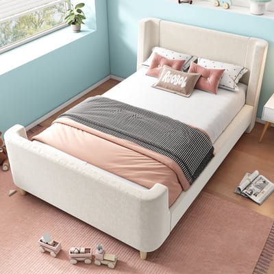MEUNIQ kinderbed 90x200 cm sleebed met ruimtemotief, bekleed met velours, lattenbodem en afgeronde hoeken, eenpersoonsbed voor kinderkamer, beige, zonder matras