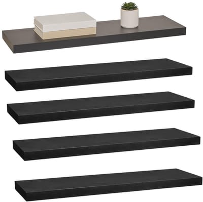 5five Zwevende wandplank Bassline - 5x - zwart - 80 cm - hout/MDF - boekenplank - muurplank - opbergplank - hangplank
