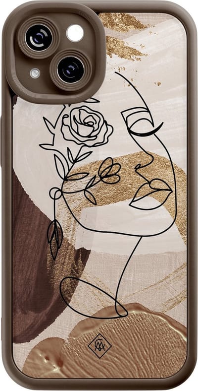 Casimoda® hoesje - Geschikt voor iPhone 14 - Abstract Gezicht Bruin - Effen telefoonhoesje met lensbescherming - Siliconen/TPU - Backcover - Bruin/beige