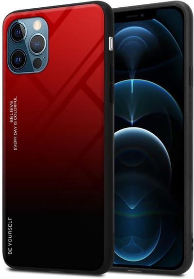 Cadorabo Hoesje geschikt voor Apple iPhone 12 / 12 PRO in ROOD - ZWART - Tweekleurige beschermhoes van TPU-silicone Case Cover en achterzijde van gehard glas