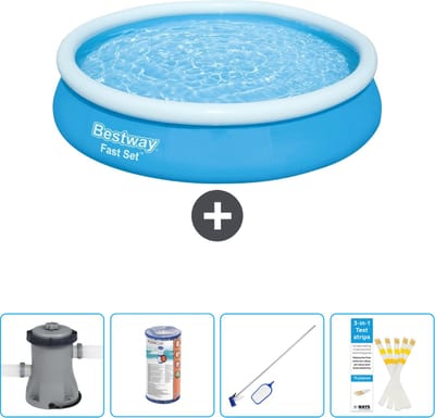 Bestway Rond Opblaasbaar Fast Set Zwembad - 366 x 76 cm - Blauw - Inclusief Pomp Filter - Schoonmaakset - Testrips