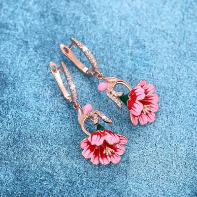 Huitan Roze Bloemen Oorbellen voor Vrouwen Handgemaakte Emaille Hangende Oorbellen Luxe Verlovingsbruiloft Accessoires Cadeau Mode Sieraden gray