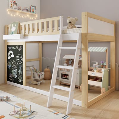 DESMIU Kinderhoogbed 90x200cm - Hoogslaper Met Tafel Om Te Tekenen - Opbergbox En Aanpasbare Opbergruimte Onder Het Bed - Kinderkamer - Hout En Houtvezelplaat - Wit Natuurlijk - Zonder matras
