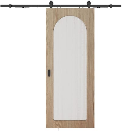Vente-unique Schuifdeur met opbouwsysteem in hout en MDF - boog van geribbeld gehard glas - H205 x B83 cm - ODEZA