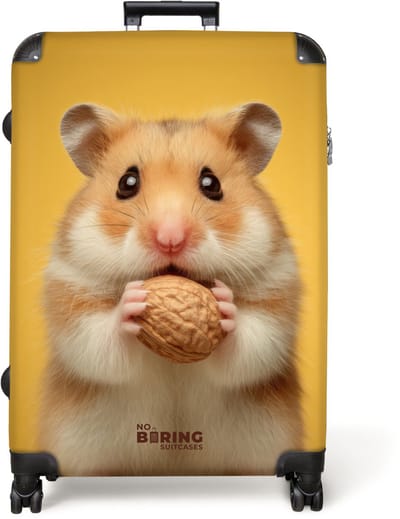 NoBoringSuitcases.com® - Koffer groot - Reiskoffer lichtgewicht - Hamster met een nootje op een gele achtergrond - Rolkoffer met 4 wielen - Grote trolley XL - 98 liter bagage