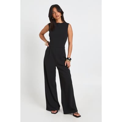 boohoo Dames Petite Getailleerde Jumpsuit Met Hoge Hals, Gemarkeerde Taille En Wijde Pijpen | Zwart | Maat: 36