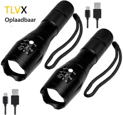 TLVX 2 stuks Sterke & Felle Oplaadbare Militaire LED Zaklamp 1800 Lumen – Metalen Zaklamp met Zoomfunctie – Waterdicht – Voor Kinderen en Volwassenen – Scouting – Bos – Camping – Vakantie – Survivallen – Veiligheid – Ingebouwde Accu – Compact