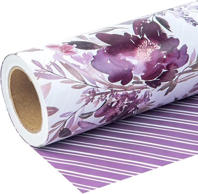 WRAPAHOLIC Jumbo Reversible Floral Wrapping Paper - 30" x 27" - Purple Floral Design for Wedding, Birthday, Valentine's Day, Baby Shower, Anniversary, Bridal Shower