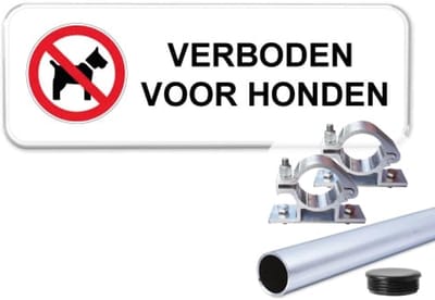 Bord verboden voor honden - Weerbestendig Aluminium - 40x15 cm - Bevestiging: Met paal 120 cm + paalbeugels + paaldop