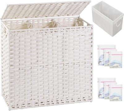 Grote rieten wasmand met deksel 132L - Handgeweven waskorf met afneembare sorteerzakken