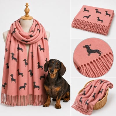 Teckel Sjaal - Roze - Lichtgewicht & Stijlvol - Katoenmix - Met Teckelprint & Kwastjes - Voor Dames & Hondenliefhebbers - Zomer & Winter Accessoire - 70x180 cm