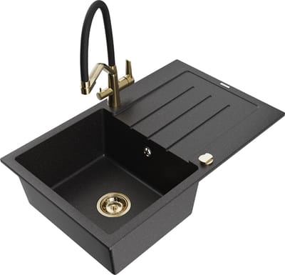 Mexen Bruno granieten gootsteen 1-komorige met afdruiprek en keukenkraan Duo, zwart/zilver metallic - 6513-73-671701-57-G