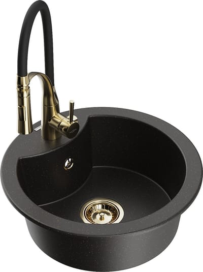 Mexen Diego granieten gootsteen met 1 bak en Aster keukenkraan, zwart/goud metallic - 6512-75-73450-57-G