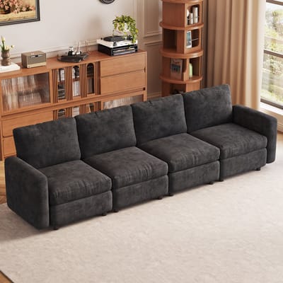 Guyii Meubels bank,Moderne 4-zitsbank in donkergrijs – Zachte sponsvulling, stabiele poten, comfortabel en ademend – Afmetingen 297 cm sofa