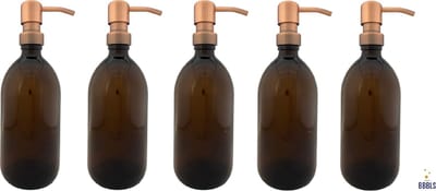 BBBLS® Design Dispenser 5 stuks Giftset "Blanco" | Bruin Kunststof | 500ml | RVS / Metaal Pomp Koper| Zeeppomp | Zeepdispenser | Zeephouder