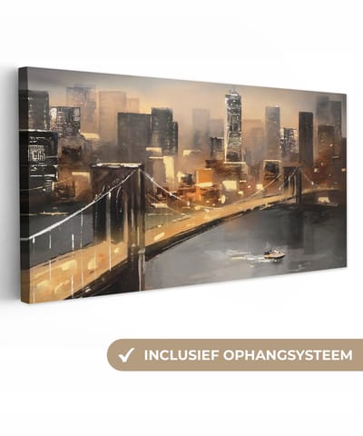 Canvas - Schilderij - Oil painting - Skyline - Stad - Water - 40x20 cm - Muurdecoratie - Schilderijen op canvas