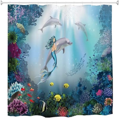 Famanu – Douchegordijn dolfijnen/zeemeermin 180 x 200 cm – schimmelwerende stof, meerkleurig