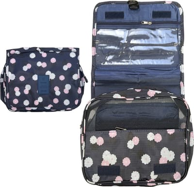 Fako Fashion - Reis Toilettas Met Ophang Haak - Make-up Travel Bag - Organizer Voor Toiletartikelen - Reisartikelen - Travel Bag - Ophangbare Toilettas - Bloemen Navy Blauw