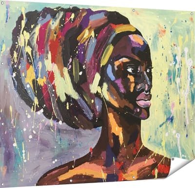 Gards Tuinposter Getekende Afrikaanse Vrouw - Abstract - 150x120 cm - Tuindoek - Tuindecoratie - Wanddecoratie buiten - Tuinschilderij
