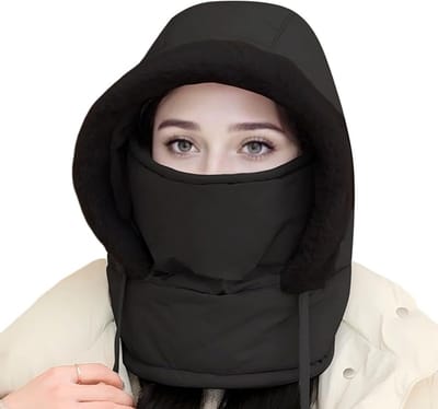 Warme bivakmuts voor dames, dikke zachte balaclava met trekkoord, 3-in-1 skimuts met nekwarmer - 100% polyacryl - zwart