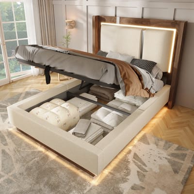 Gestoffeerd Bed 90x200 LED Opbergbed Jeugdbed Beige Walnoot Hydraulisch Met Lattenbodem