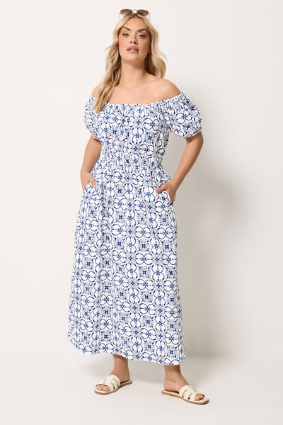 Yours Witte Poplin Bardotjurk Met Bloemenprint Size 42