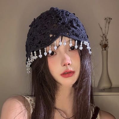 Chapeau d'été fin ajouré tricoté pour femme Chapeau à fleurs au crochet Bohème Ethnique Perles Pompon Sac Chapeau de tête beige