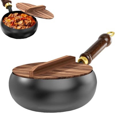 Handgesmede antiaanbakpan in Japanse stijl - 24 cm - Met houten deksel en schep - Ongecoate roestvrijstalen pan - Geschikt voor natuurlijk koken, gasfornuizen en inductiekookplaten - Zwart