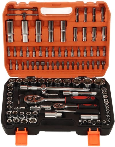 108-delige Gereedschapsset – Dopsleutelset 1/4" & 1/2" – Ratels, Doppen, Inbus, Bitjes, Bougiedoppen – Chroom-Vanadium – Voor Auto, Fiets, Klus, Werkplaats – Met Opbergkoffer