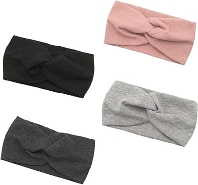 Set van 4 Dames Haarbanden van Katoen met Strik, Ideaal voor Sport en Dagelijks Gebruik in Zwart, Grijs, Roze en Donkergrijs
