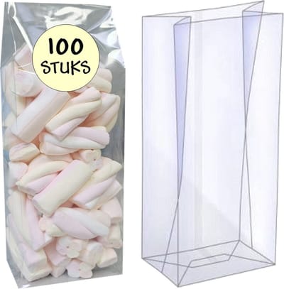100x Blokbodemzakjes Plastic Transparant - 80x50x250mm - 100% Polypropyleen - Recyclebaar - Uitdeelzakjes - Rechthoekige Blokbodem Zak - Duurzaam - Voedsel Verpakking - 100 Stuks