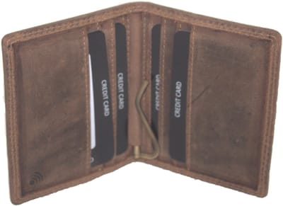 Oi Hunter bruine lederen portemonnee met geldklem / billfold met dollarclip en ruimte voor pasjes verticaal / platte beurs met klem voor biljetten / RFID SAFE / bruin leer / 444H