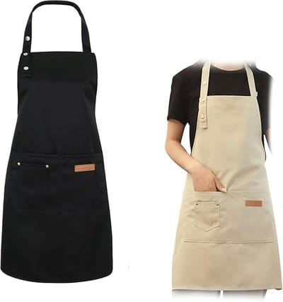 Pack van 2 Keukenschorten, 2 stuks kookschorten voor dames en heren, waterdicht schort met zakken, verstelbare nekriem, schort, keukenschort voor keuken, koken, bakken, tuin - Zwart/Beige