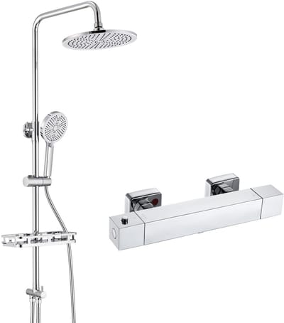 Auralum Max Regendouche met Thermostaatkraan - Doucheset Chroom - Douchekop met Plankje - Ø 25 cm Douchesysteem - 4 Stralen Handdouche - Waterbesparend - Chroom
