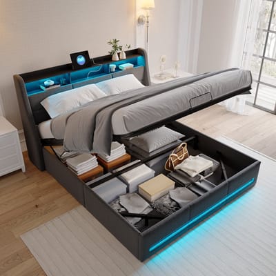 Gestoffeerd bed 160x200, LED tweepersoonsbed met opbergruimte hoofdeinde en USB oplaadfunctie, hydraulische opbergruimte bedrugleuning bedframe met houten lattenbodem, Linnen, Grijs, zonder matras