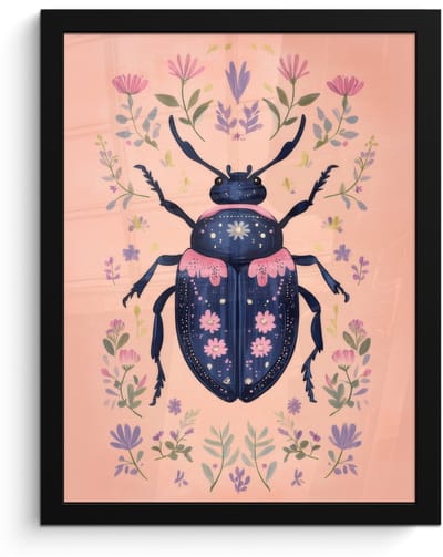 Poster in lijst - Fotolijst 30x40 cm - Posters - Kever - Donkerblauw - Bloemen - Sierlijk - Posterlijst zwart - Decoratie - Wanddecoratie woonkamer - Muurdecoratie slaapkamer