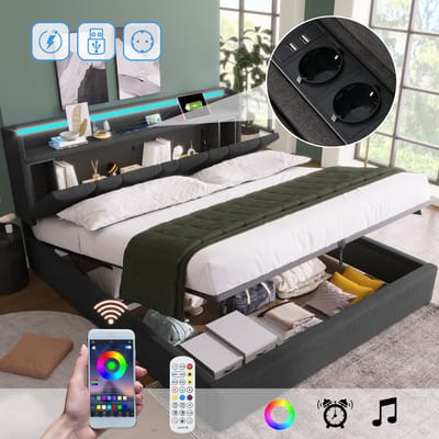 Polsterbed 140x200 cm met USB-laadfunctie, opbergplek in het hoofdgedeelte en LED-verlichting