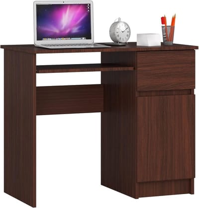 Compact Bureau met Schuifladen en Opbergvak | Computerbureau Klein | Bureau met Toetsenbordlade | Werkplek Wengé 90x50 cm