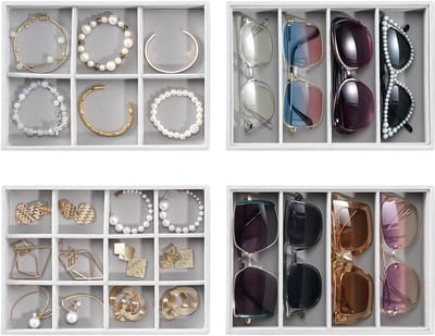 2 Stuks Sieraden Organizers en 2 Zonnebrilhouders, Stapelbare Opbergdozen voor Sieraden en Brillen - Perfect voor Oorbellen, Kettingen, Ringen en Armbanden - Grijs