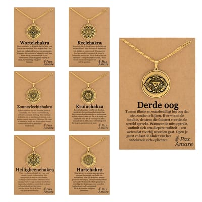Set van 7 Chakra Kettingen - Goudkleurig - Kruin | Derde Oog | Keel | Hart | Zonnevlecht | Heiligbeen | Wortel Sieraden Bundel - 60cm Hanger - Pax Amare