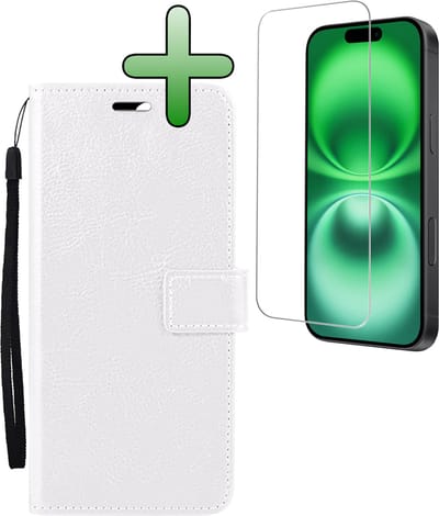 Hoesje Met Screenprotector - Geschikt voor Apple iPhone 16 - Luxe Pasjeshouder - Bookcase Portemonee - Flip Case - Kunstleer Book Case - Flipcase - Book Cover - Walletcase - Portemonneehoes - Wit