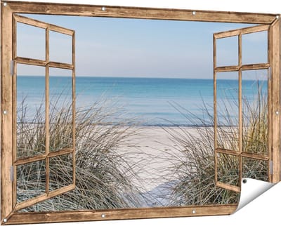Gards Tuinposter Doorkijk Strand en Zee vanuit de Duinen - 150x100 cm - Tuindoek - Tuindecoratie - Wanddecoratie buiten - Tuinschilderij