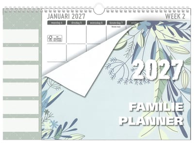 MGPcards - Family Planner 2027 - Weekplanner - Week begint op maandag - 34 x 24,5 cm - Groen - Bladeren