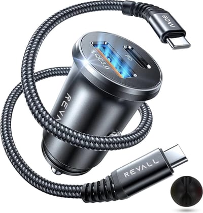 REVALL® 54W Autolader met USB-C Kabel en Kabel Organizer - Laadt 5x zo snel - Snellader - Auto Oplader - Aluminium - Zwart