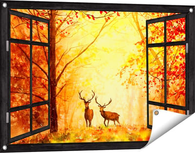 Gards Tuinposter Doorkijk Getekende Herten in het Bos - Herfst - 90x60 cm - Tuindoek - Tuindecoratie - Wanddecoratie buiten - Tuinschilderij