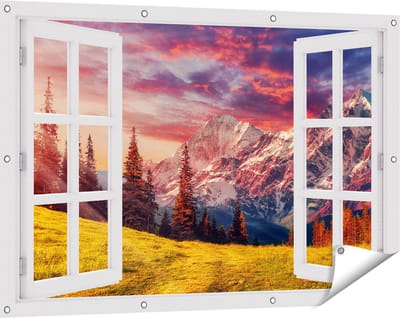 Gards Tuinposter Doorkijk Alpen Landschap met een Kleurrijke Hemel - 120x80 cm - Tuindoek - Tuindecoratie - Wanddecoratie buiten - Tuinschilderij