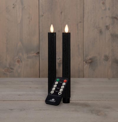 Anna's Collectie LED-dinerkaars met vlam-effect ribbel 23 cm zwart 2 stuks.
