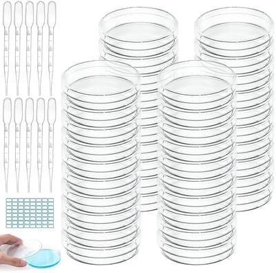 Set van 40 Steriele Petri Schalen met Deksel, 55 x 13 mm, Inclusief 10 Plastic Pipetten en Sticker voor Laboratoriumcultuur