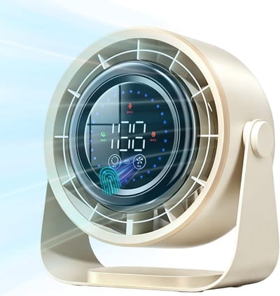 Bureauventilator, krachtige tafelventilator met touchscreenbediening en led-display, 100 snelheden, draagbare elektrische koelventilator, 2400 mAh USB-oplaadbare batterij, 360° kantelbaar, stil en stil voor kantoor, slaapkamer en thuis (beige)
